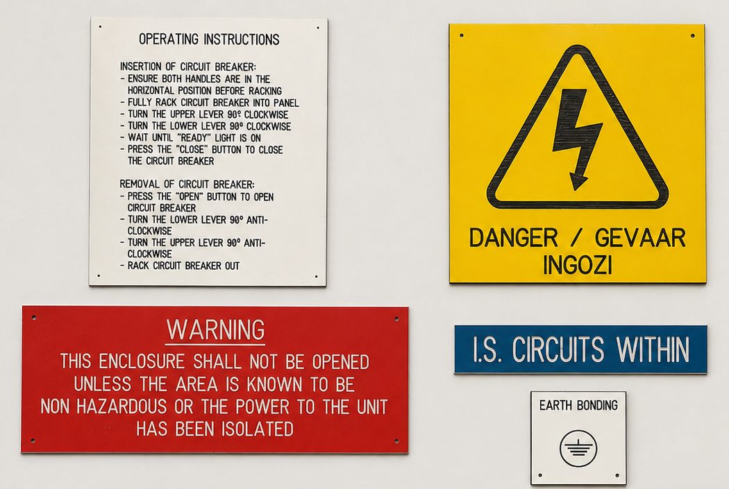 Safety and instruction labels engraved on two-tone laminate by Engravco, Boksburg
