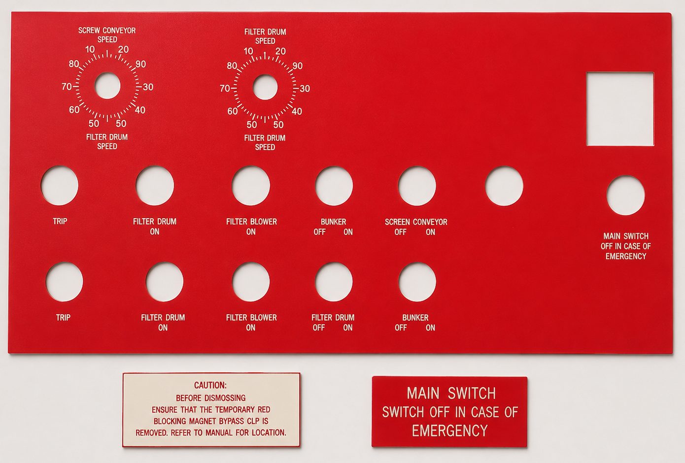 Red mimic panel face plate with engraved legends and cut-outs