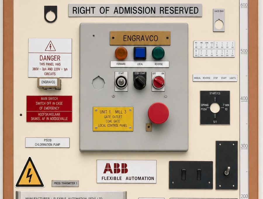 Sample board with a control panel, brass Engravco nameplate and assorted engraved labels